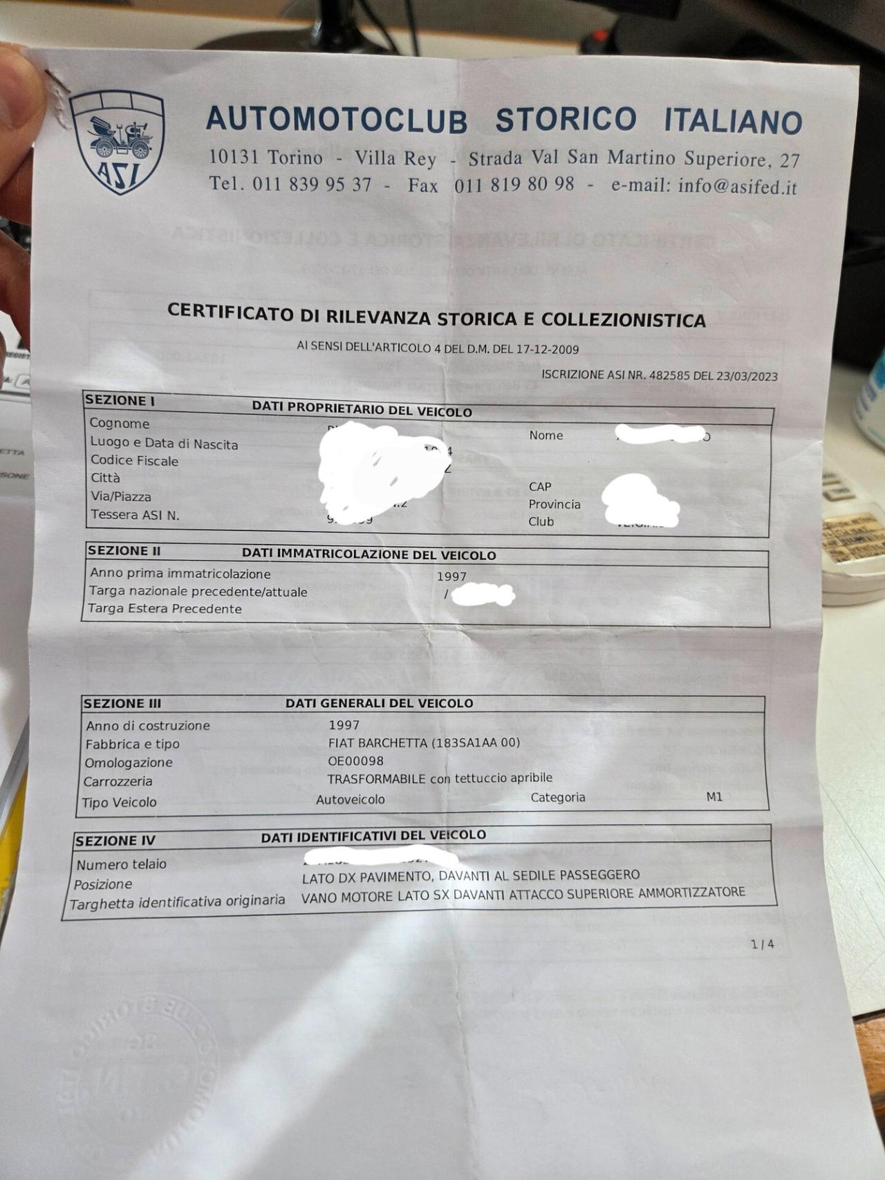 Fiat Barchetta 1.8 16V Gialla Cabrio iscritta ASI, solo 82.000 km!