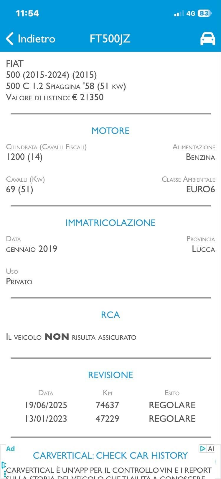 Fiat 500 1.2 km 79000 Spiaggina Nuova a Prezzo