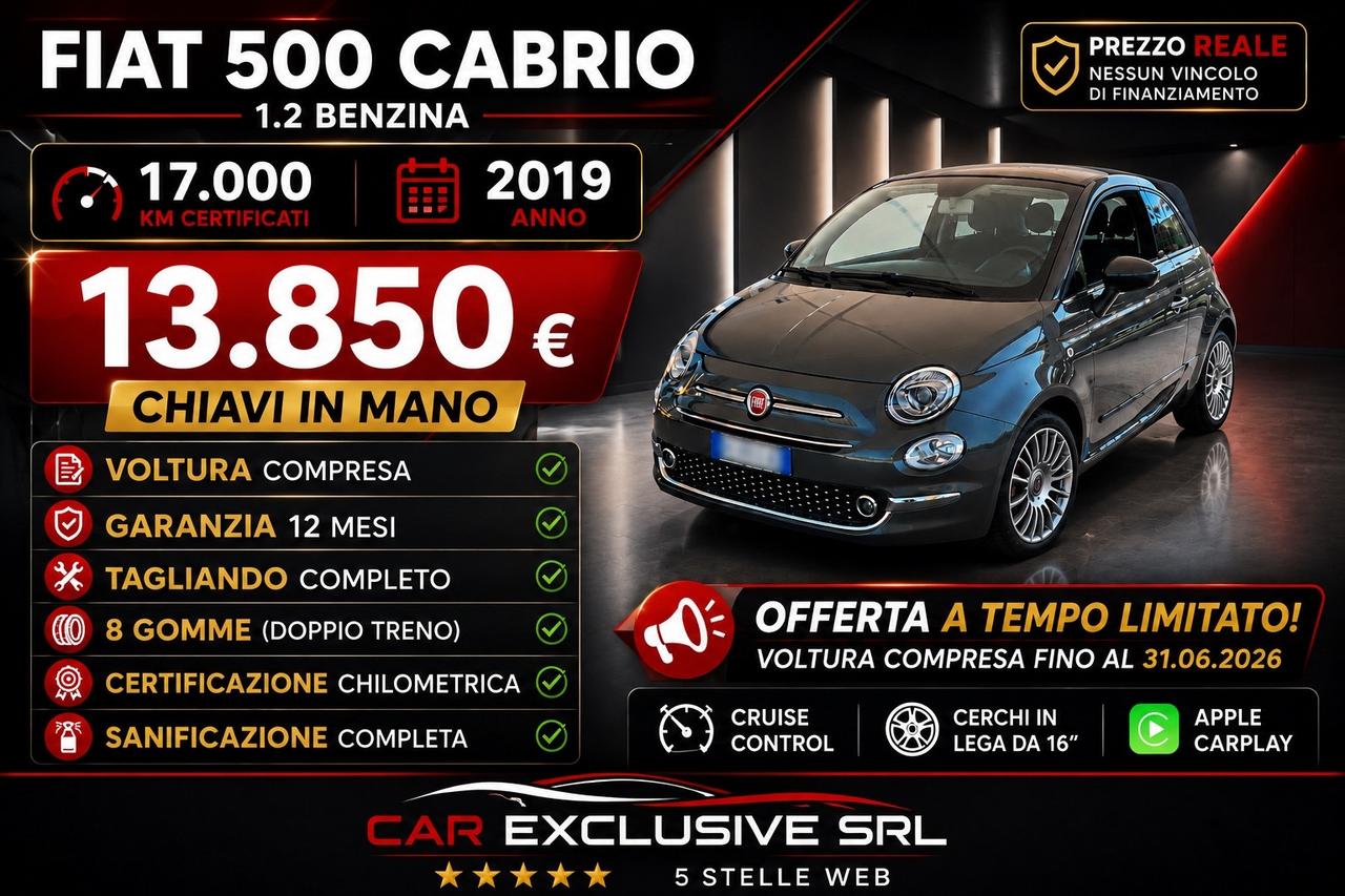 Fiat 500 C 1.2 Lounge-Cerchi16-AppleCar-PrezzoReale-km