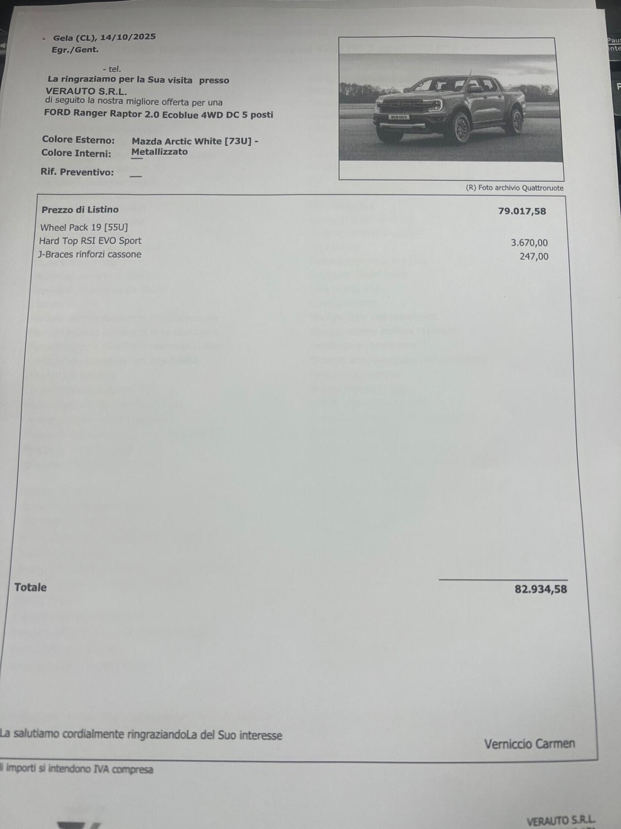 Ford Ranger Raptor 2.0 210cv possibilità noleggio no scoring