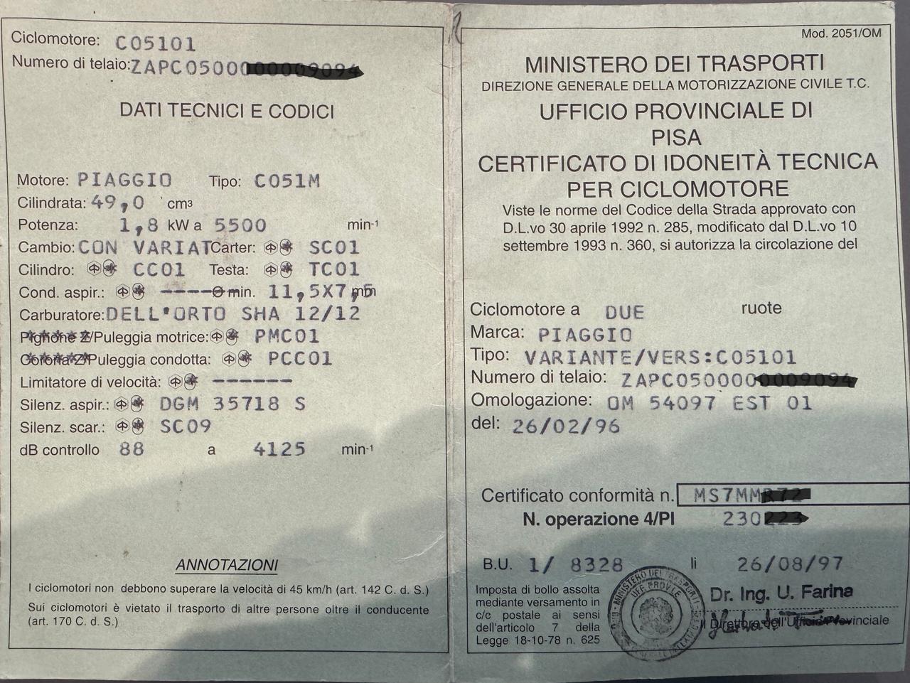 PIAGGIO SI MIX 1997 ORIGINALE CON MISCELATORE