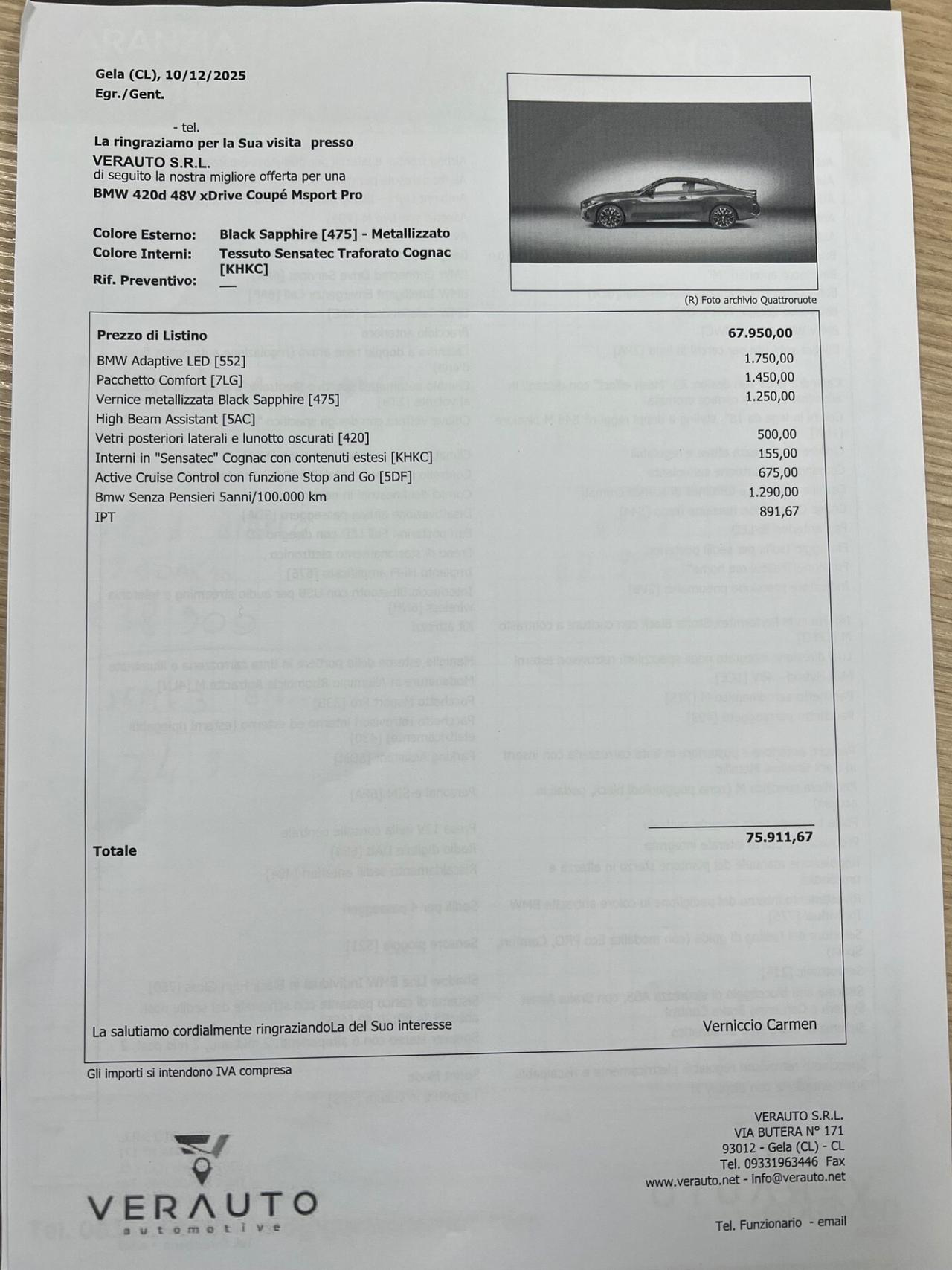 BMW 420 d MSport Pro possibilità noleggio no scoring