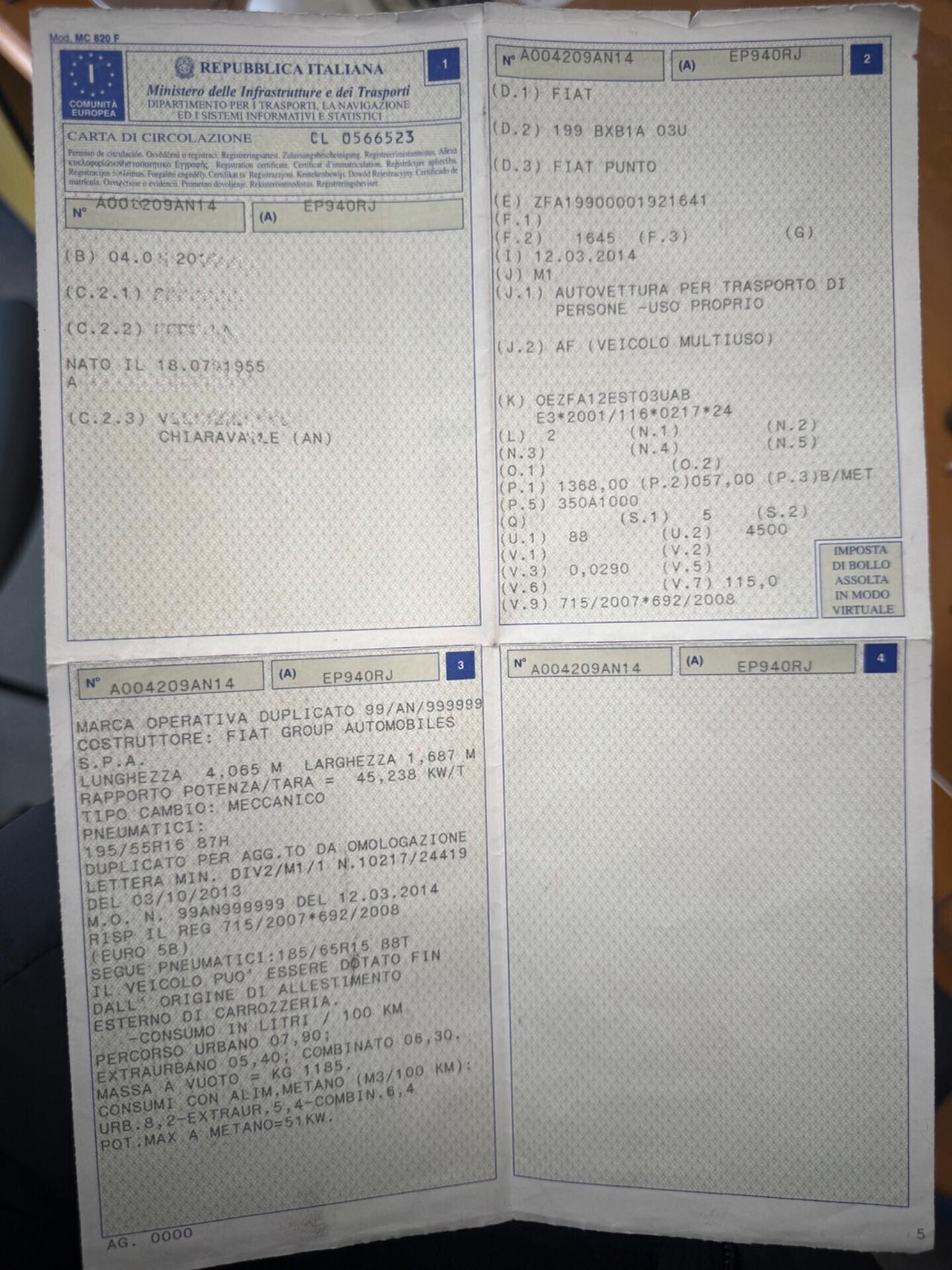 Punto evo 1.4 natural power Neopatentati UNIPRO