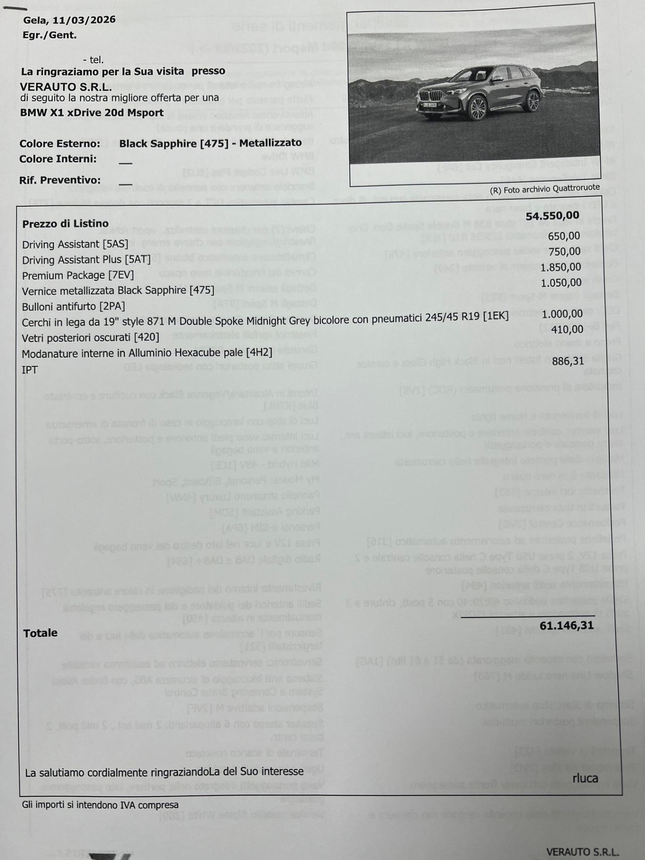 Bmw X1 xDrive 20d Msport possibiità noleggio no scoring