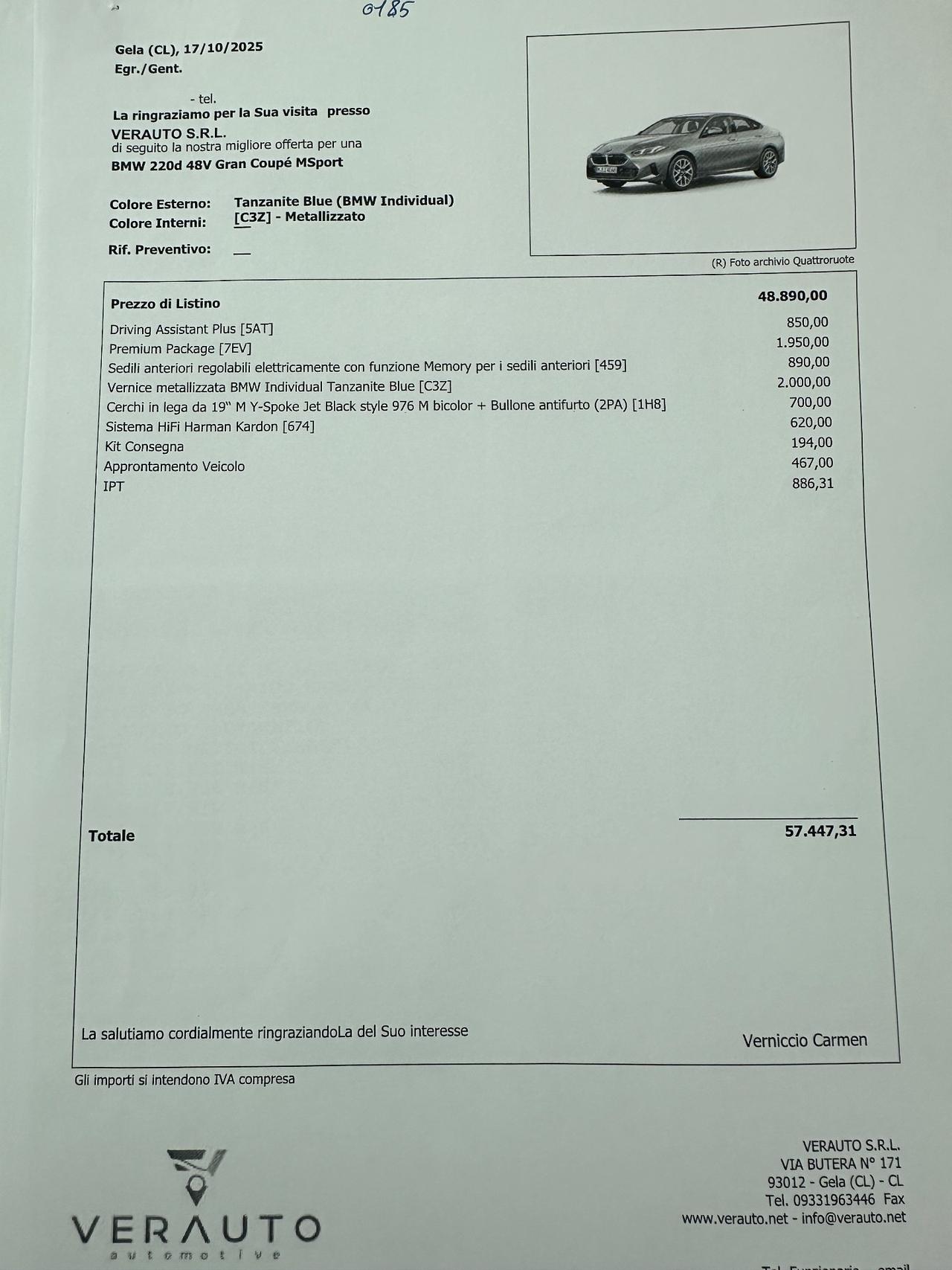 BMW 220 d MSport auto possibilità noleggio no scoring
