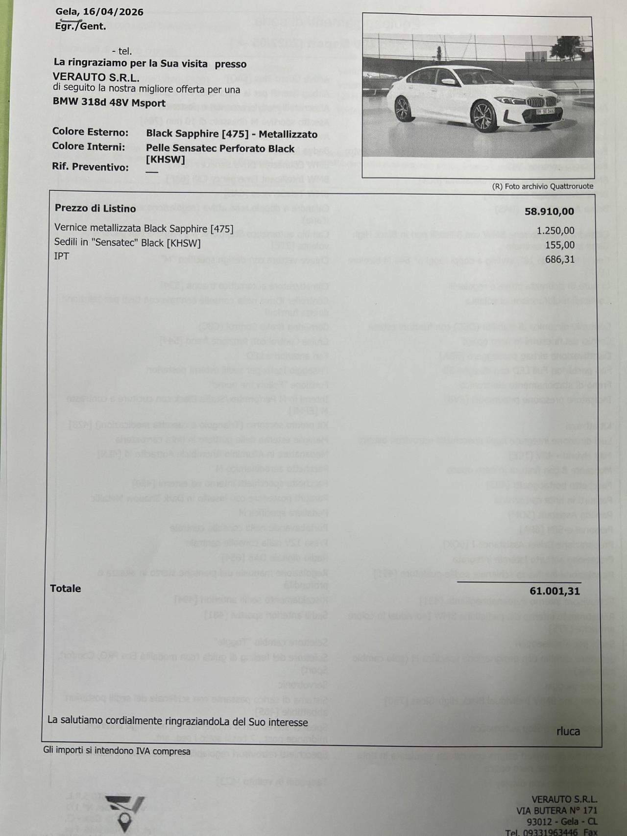 Bmw 318d 48V Msport possibilità noleggio no scoring