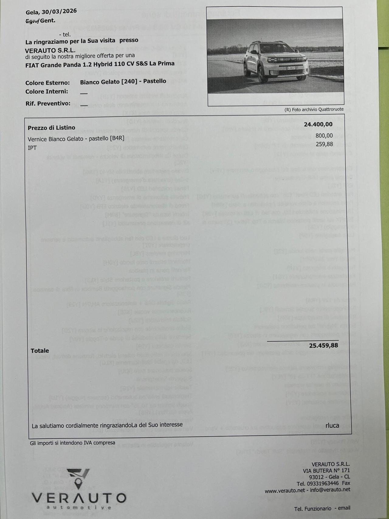 Fiat Grande Panda 1.2 Hybrid 110 CV S&S La Prima - possibilità noleggio no scoring