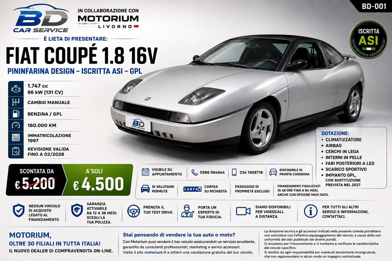 FIAT COUPÉ 1.8 i.e. 16V PININFARINA DESIGN DEL 1997 – ISCRITTA ASI – GPL