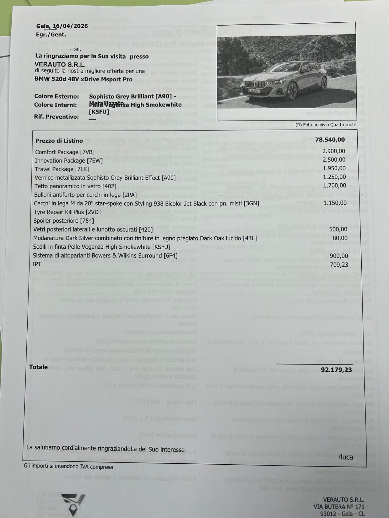 Bmw 520d 48V xDrive Msport Pro possibilità noleggio no scoring