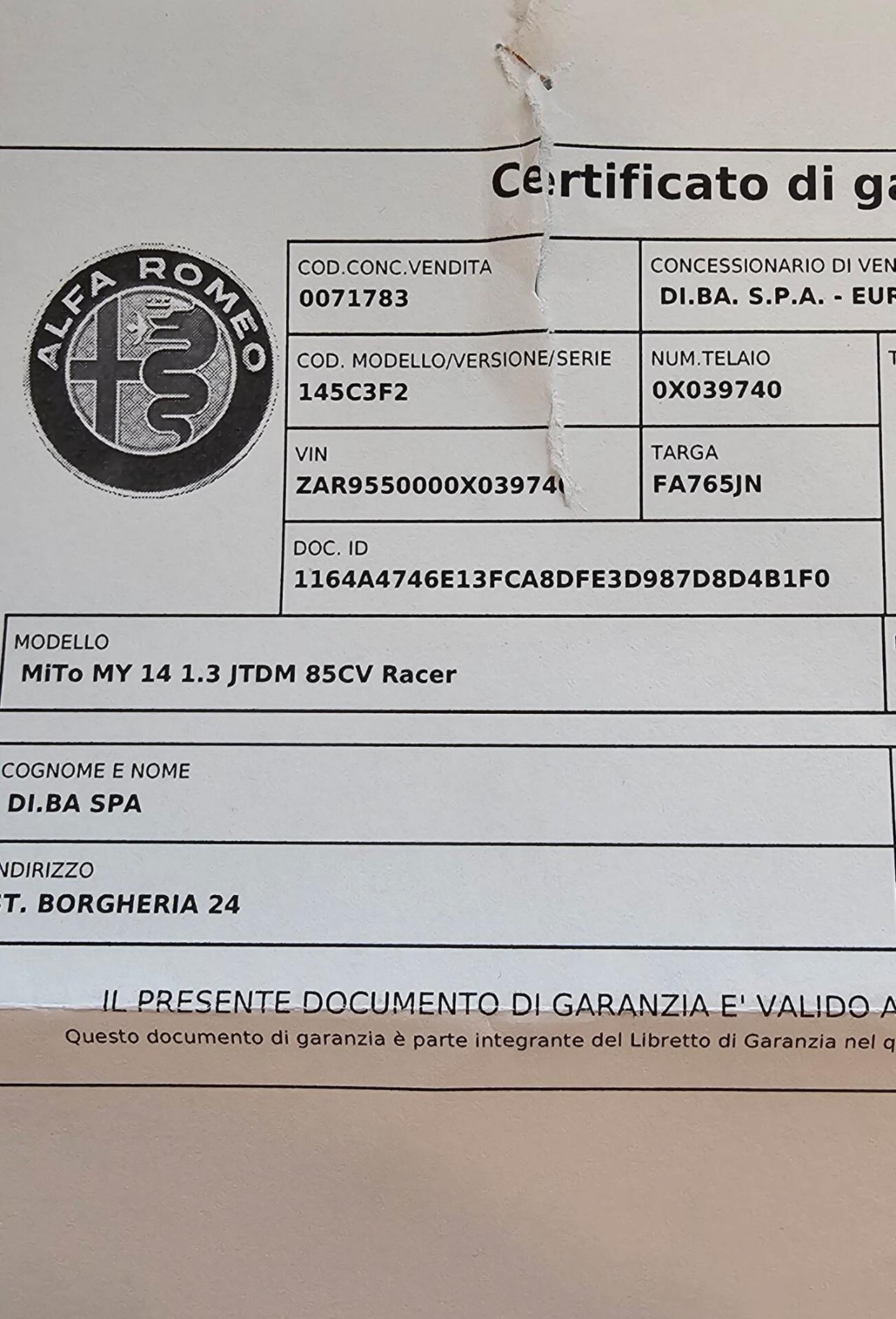 Alfa Romeo MiTo 1.3 JTDm 85 CV S&S Racer