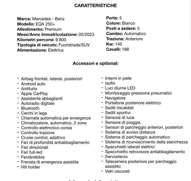 MERCEDES-BENZ EQA 250+ Premium PACCHETTO MANUTENZIONE ATTIVO