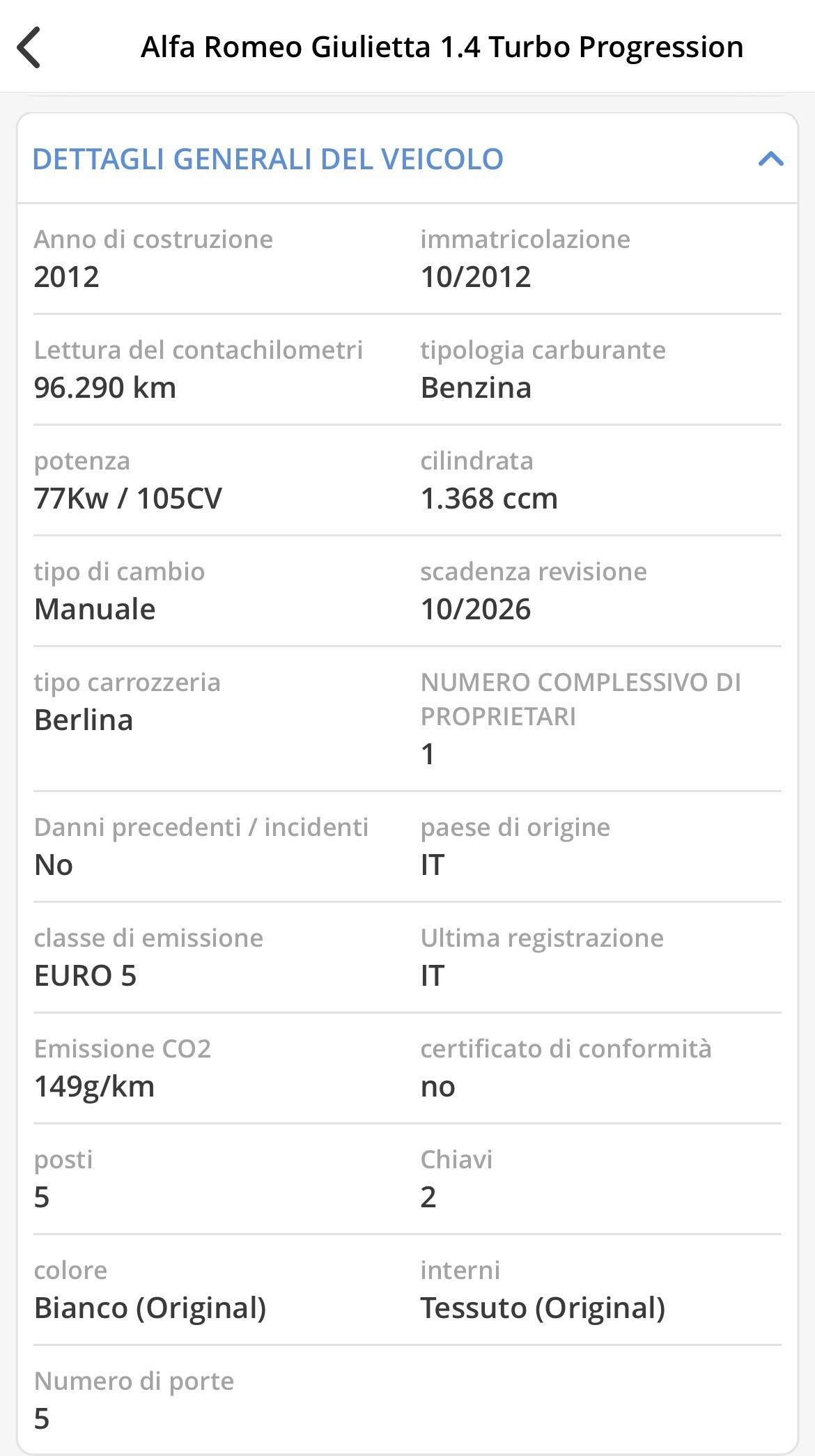 ALFA ROMEO GIULIETTA 1.4 T 105CV UNICO P. NEOPAT.