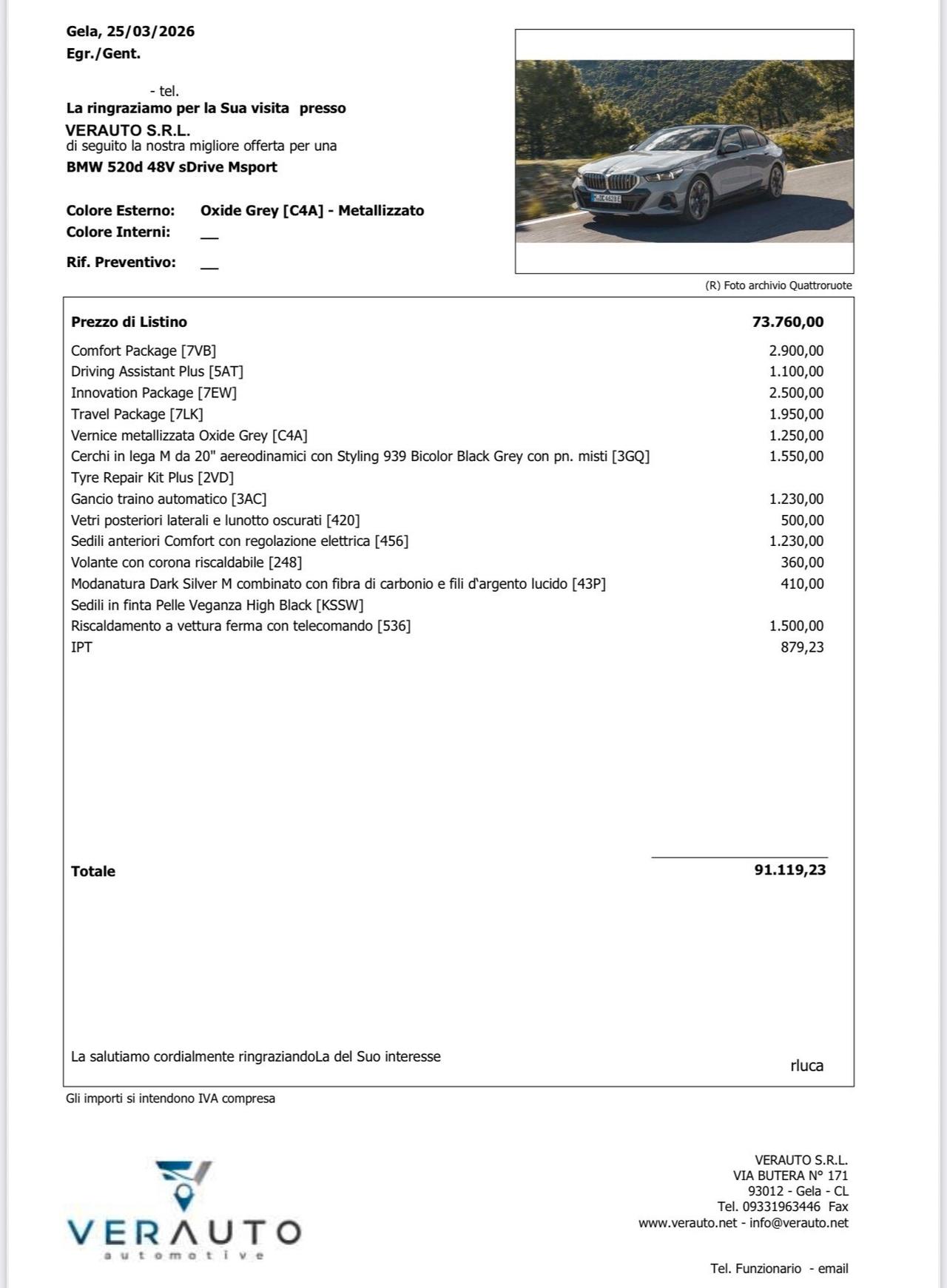 Bmw 520d 48V sDrive Msport possibilità noleggio no scoring