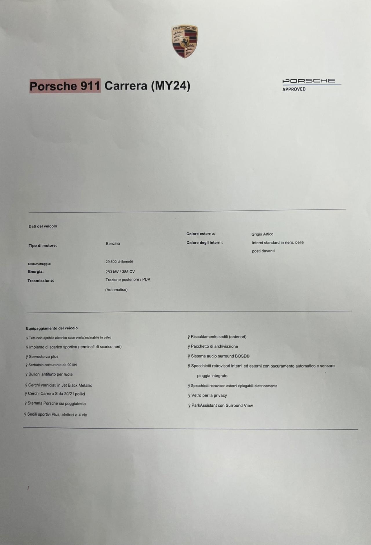 Porsche 992 Coupe Carrera possibilità noleggio no scoring