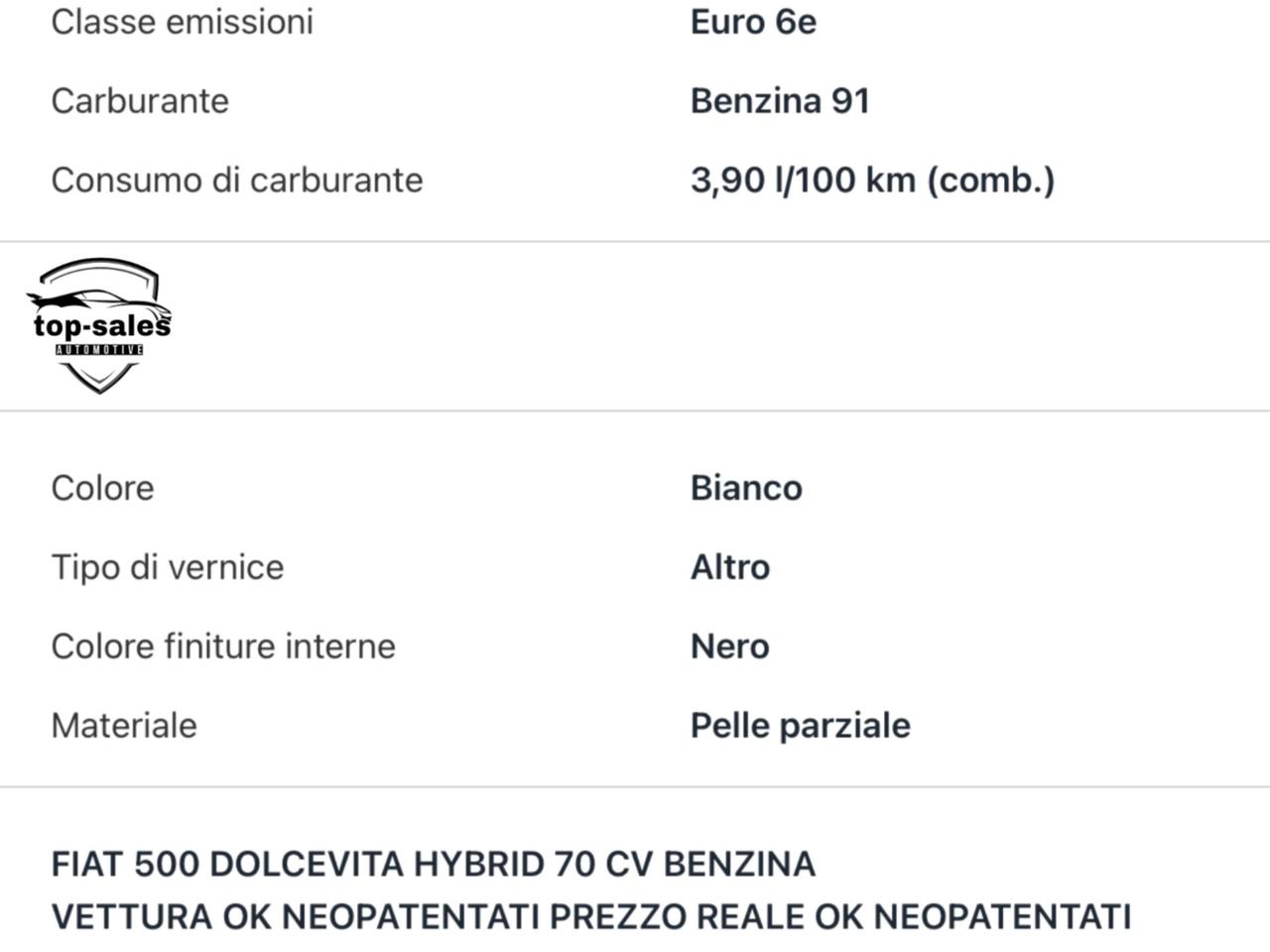 Fiat 500 1.0 Hybrid Dolcevita Perfetta Si Neopatentati