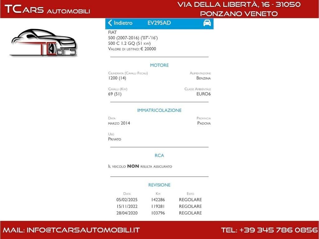 FIAT 500C CABRIO 1.2 BENZINA 3 ANNI GARANZIA TOP