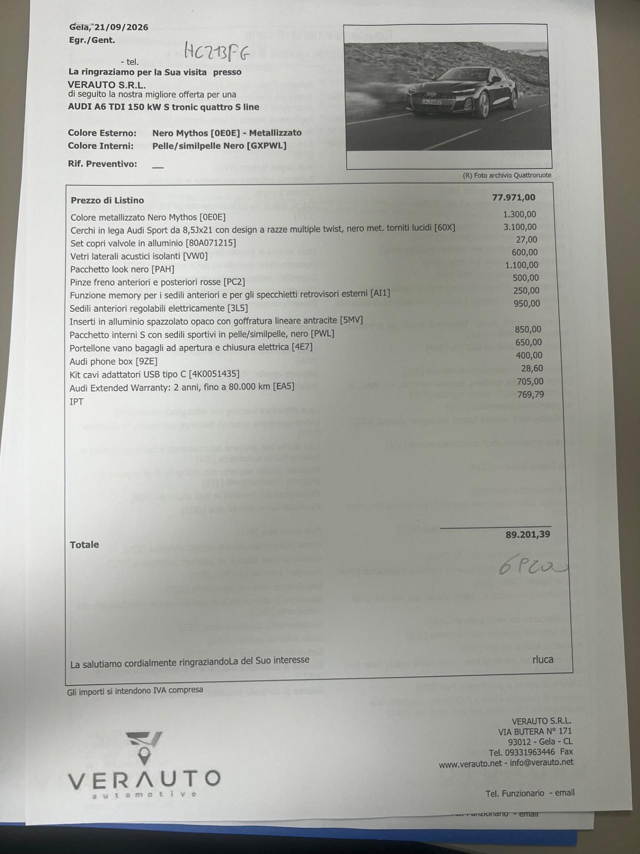 Audi A6 2.0 204CV tdi mhev S line quattro S tronic - possibilità noleggio no scoring