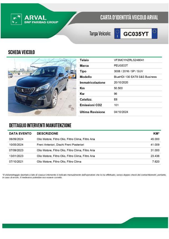PEUGEOT 3008 BlueHDi 130 S&S EAT8 Business Prezzo REALE