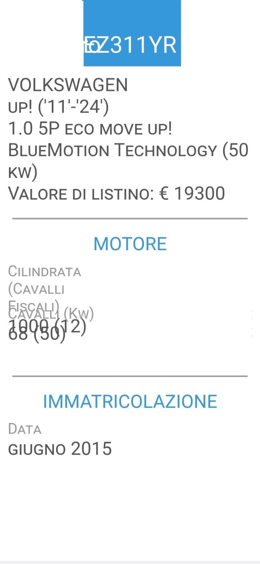 VOLKSWAGEN UP! ECO METANO-3 EURO X 100 KM-BOLLO 35