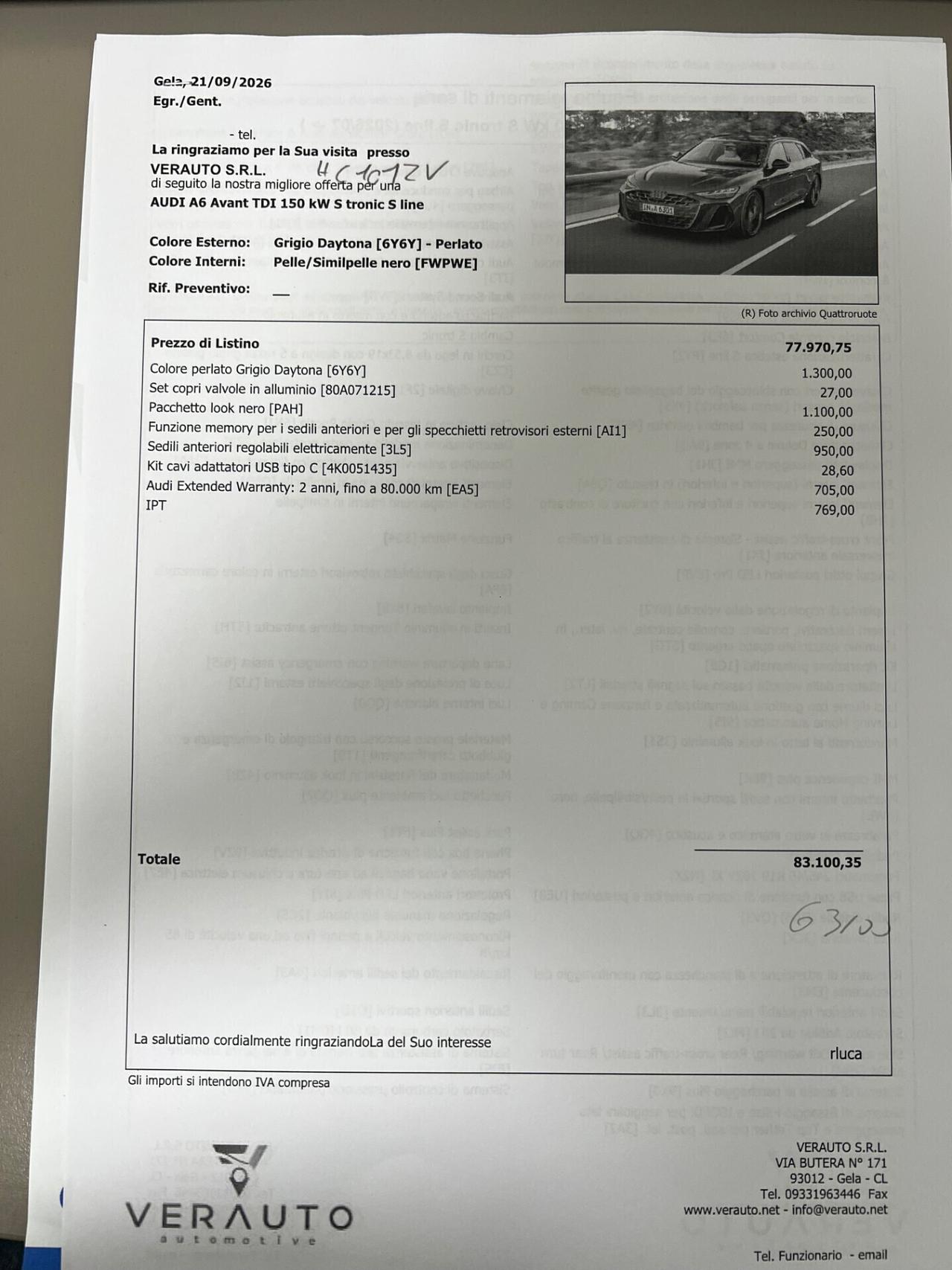 Audi A6 Avant 2.0 204cv TDI mhev S line S tronic - possibilità noleggio no scoring