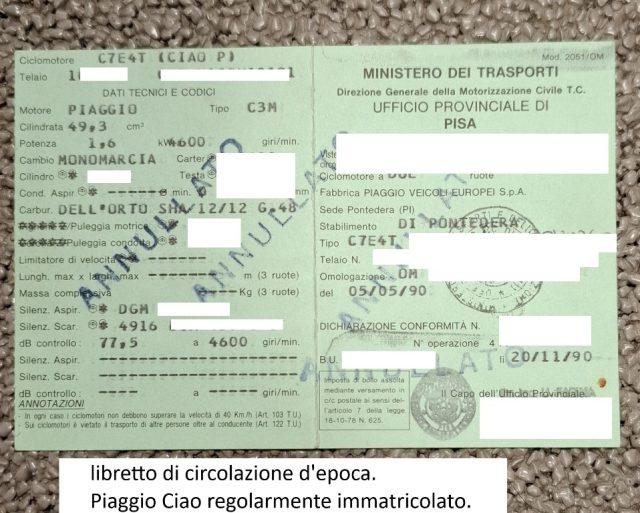 PIAGGIO Ciao 50 targato, certificato ASI, Perfetto