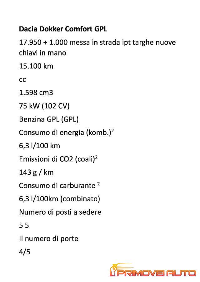 DACIA Dokker 1.6 8V 100CV Start&Stop GPL Comfort
