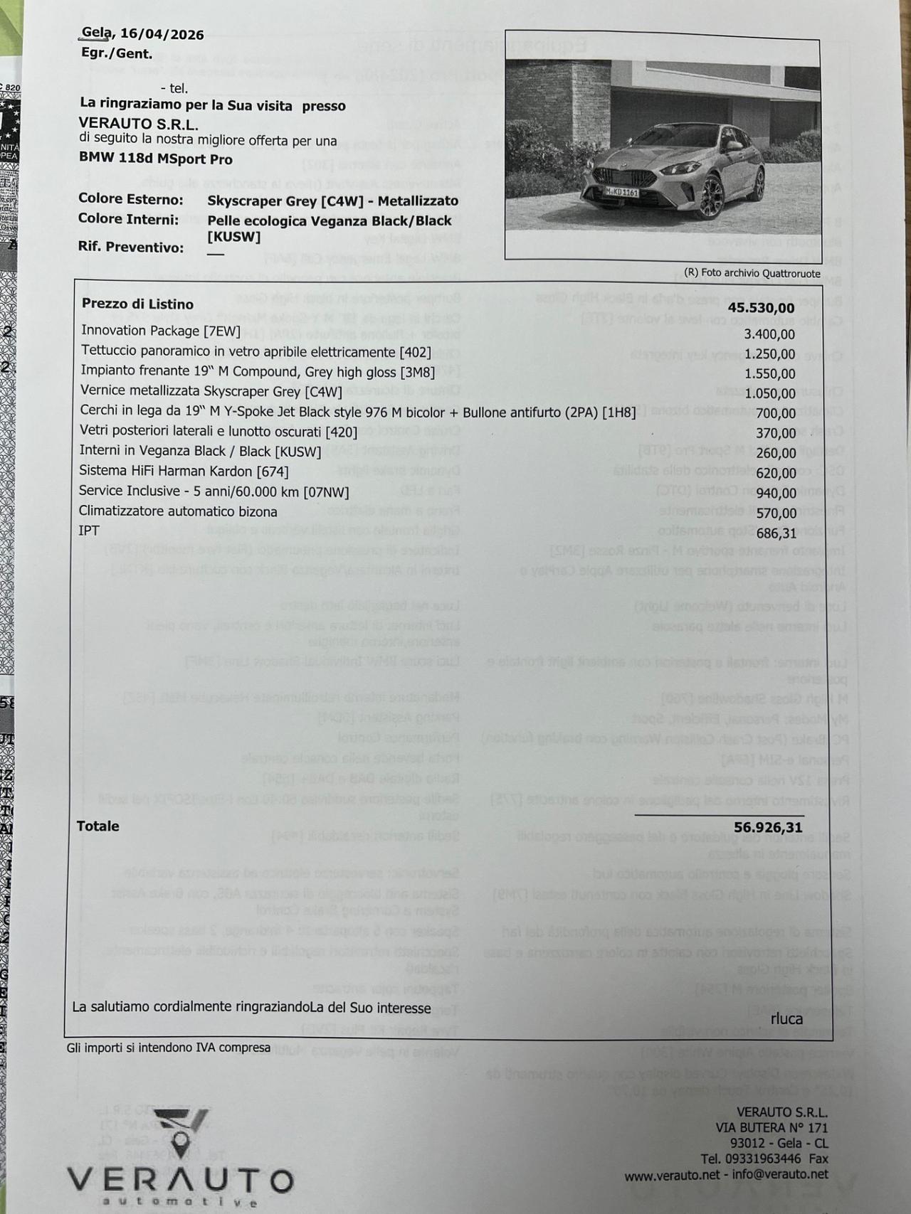 Bmw 118d MSport Pro possibilità noleggio no scoring