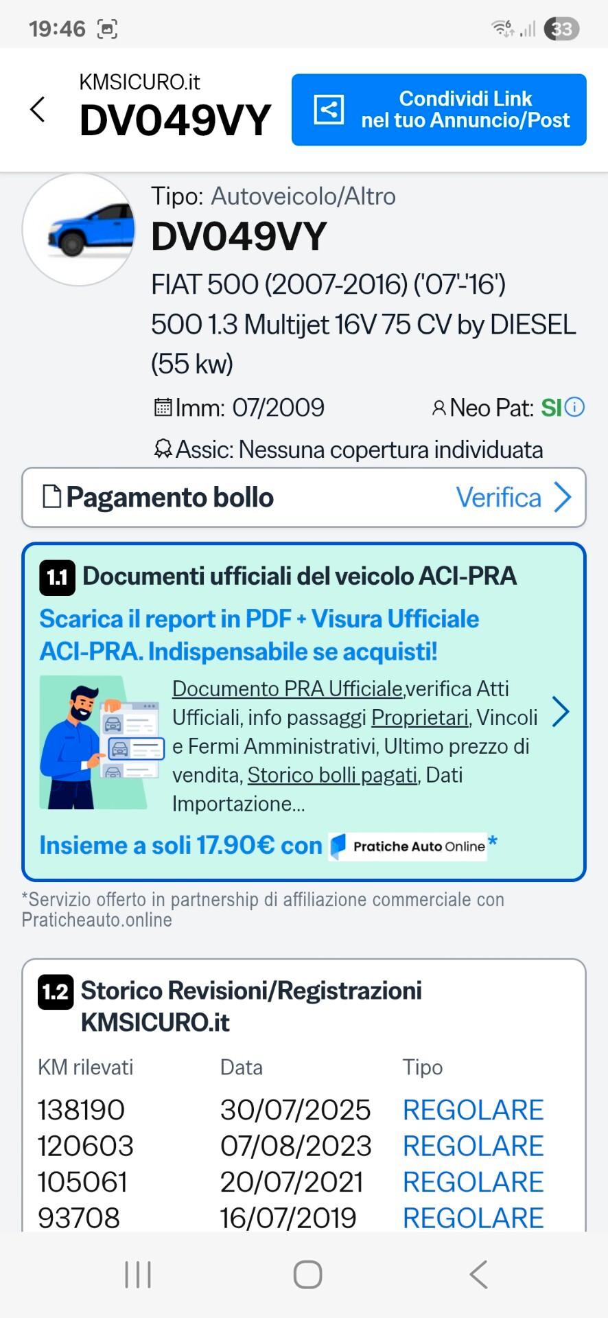 Fiat 500 1.3D perfetta è garantita 12 mesi