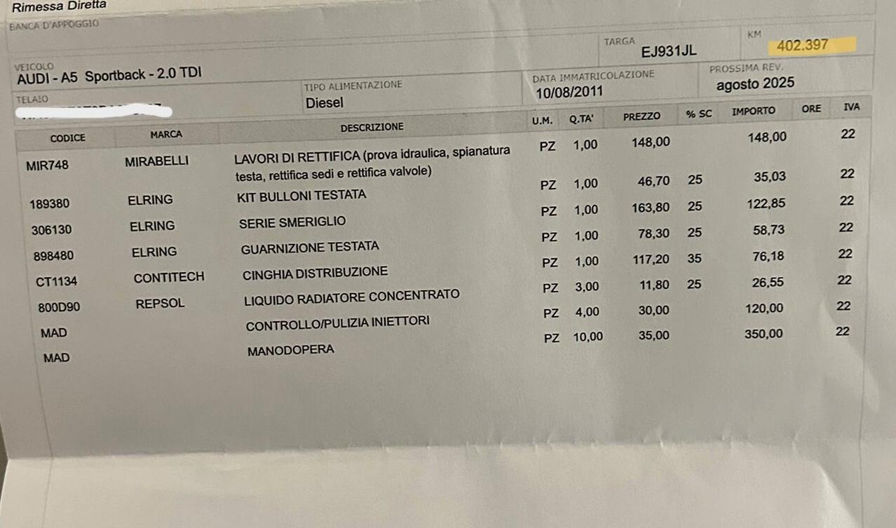 Audi A5 SPB 2.0 TDI 143 CV Multitronic-FATT. TAGLIANDI