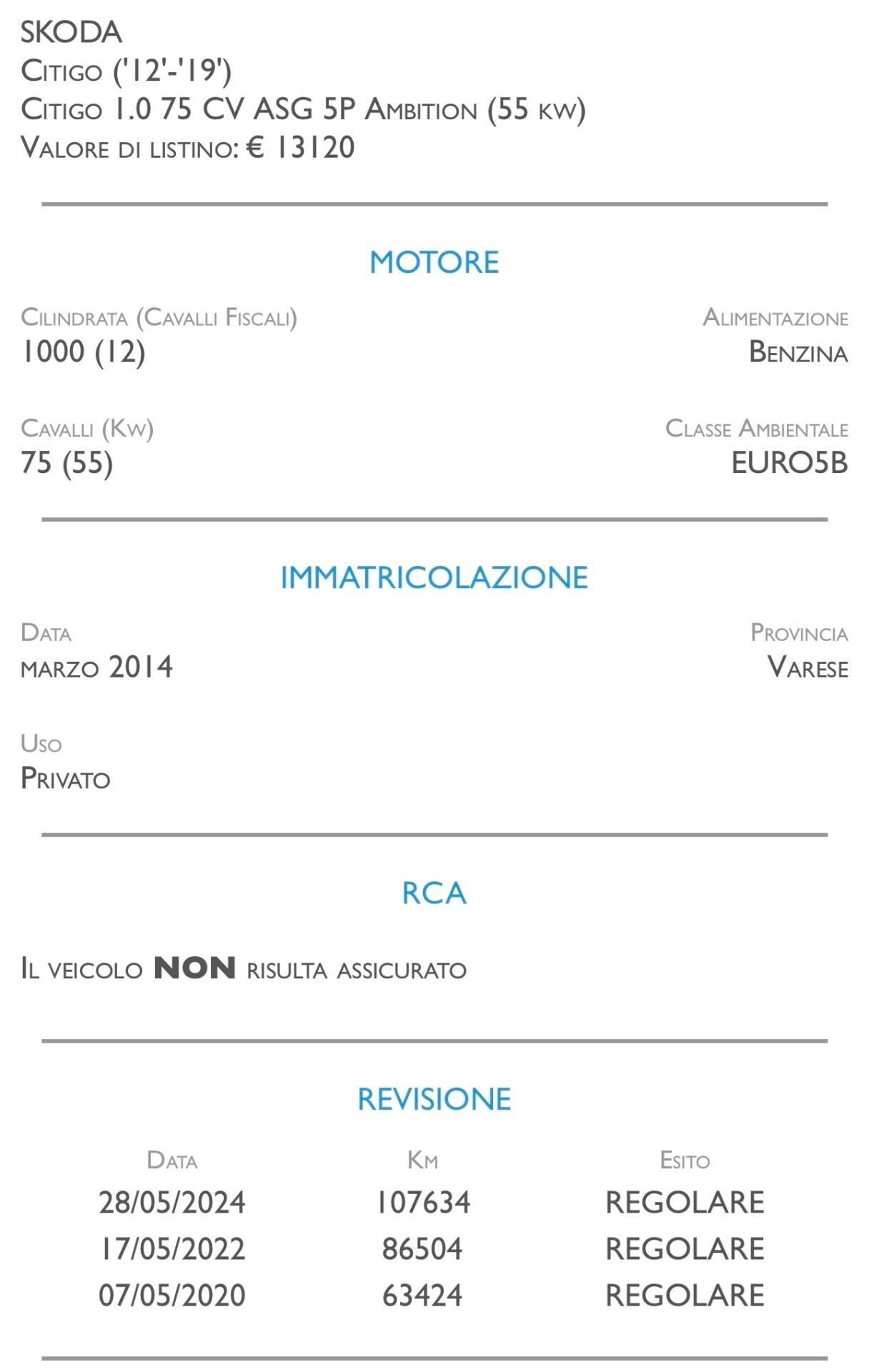 Skoda Citigo 1.0 75 CV ASG 5 porte Ambition - CAMBIO AUTOMATICO