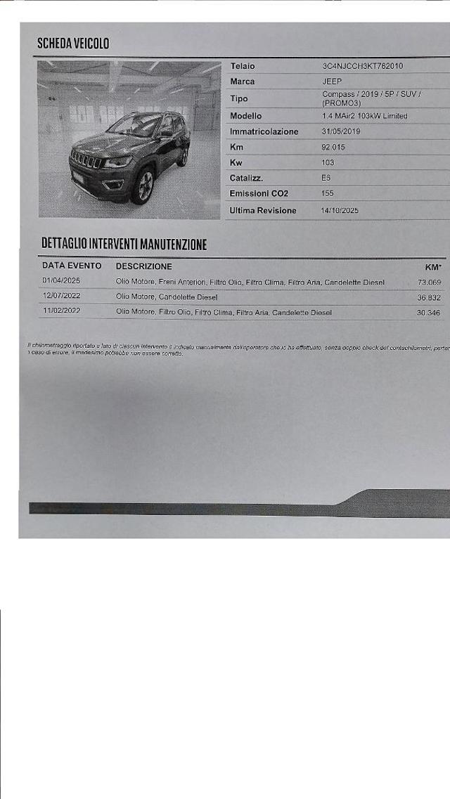 JEEP Compass 1.4 MultiAir 2WD Limited Az. Italia 90.000 Km
