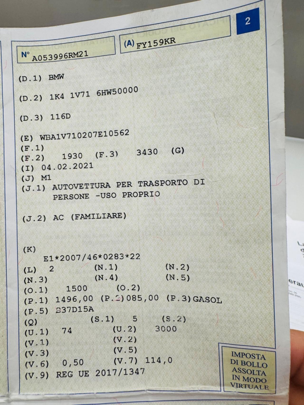Bmw 116 116d 5p. Sport UNIPROPRIETARIO IVA ESPOSTA FATTURABILE