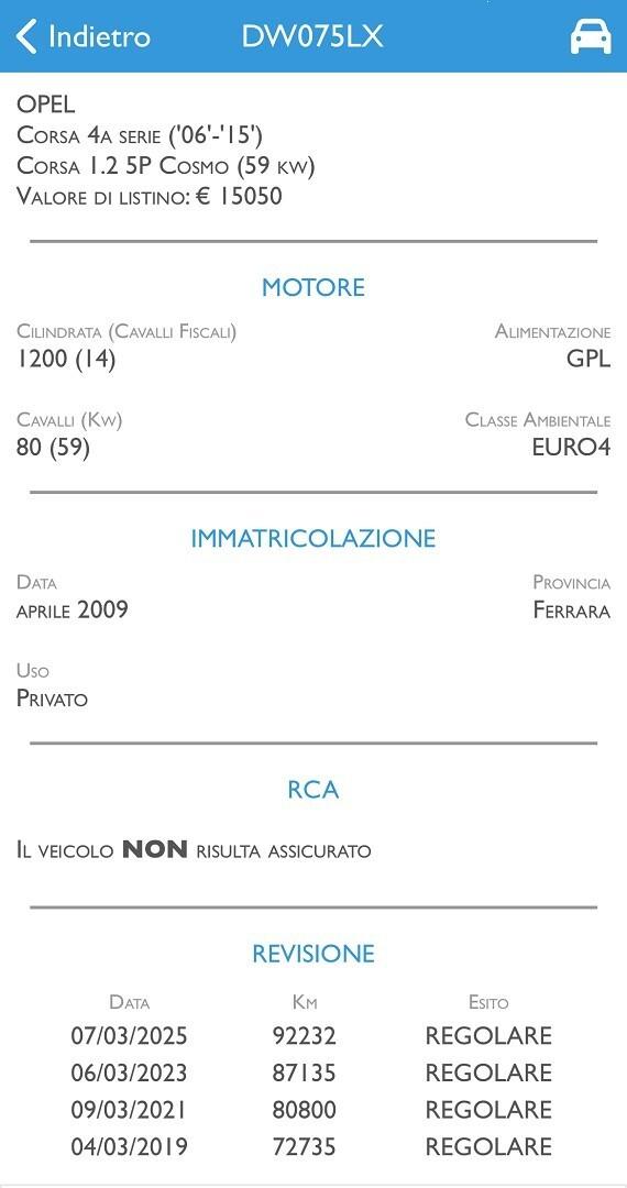 OPEL CORSA 1.2 80CV BNZ/GPL UNICO P. SOLI 93.000KM