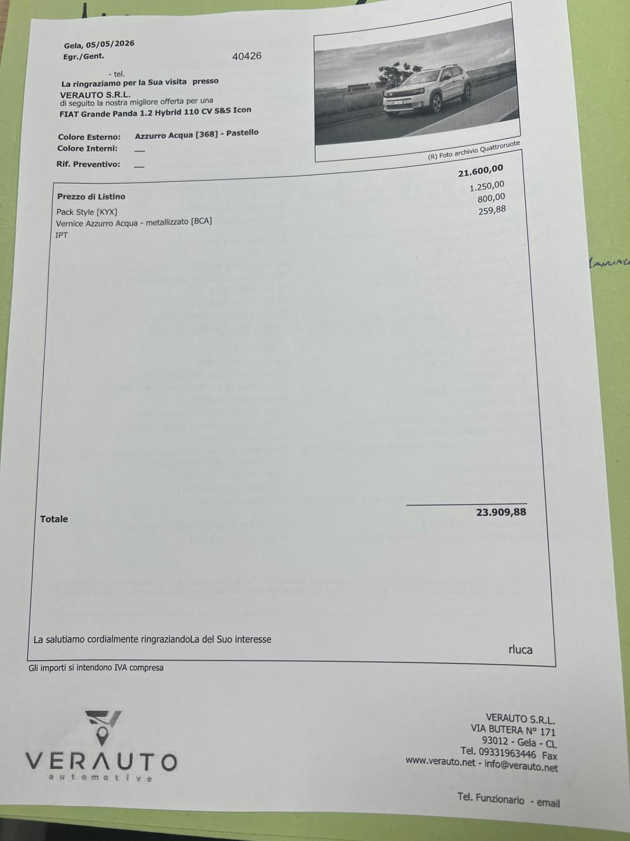Fiat Grande Panda 1.2 Hybrid 110 CV S&S Icon - possibilità noleggio no scoring