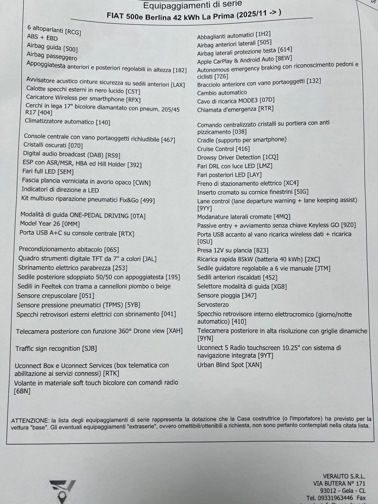 Fiat 500e Berlina 42 kWh La Prima possibilità noleggio no scoring