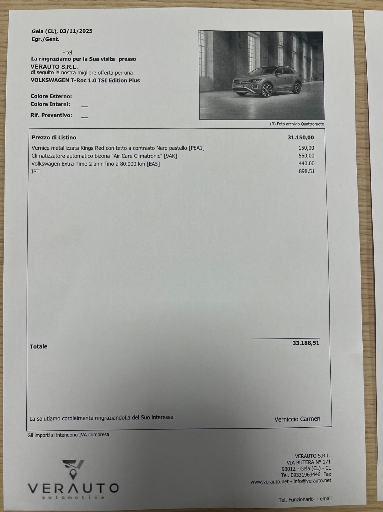 Volkswagen T-Roc 1.0 tsi 115cv possibilità noleggio no scoring