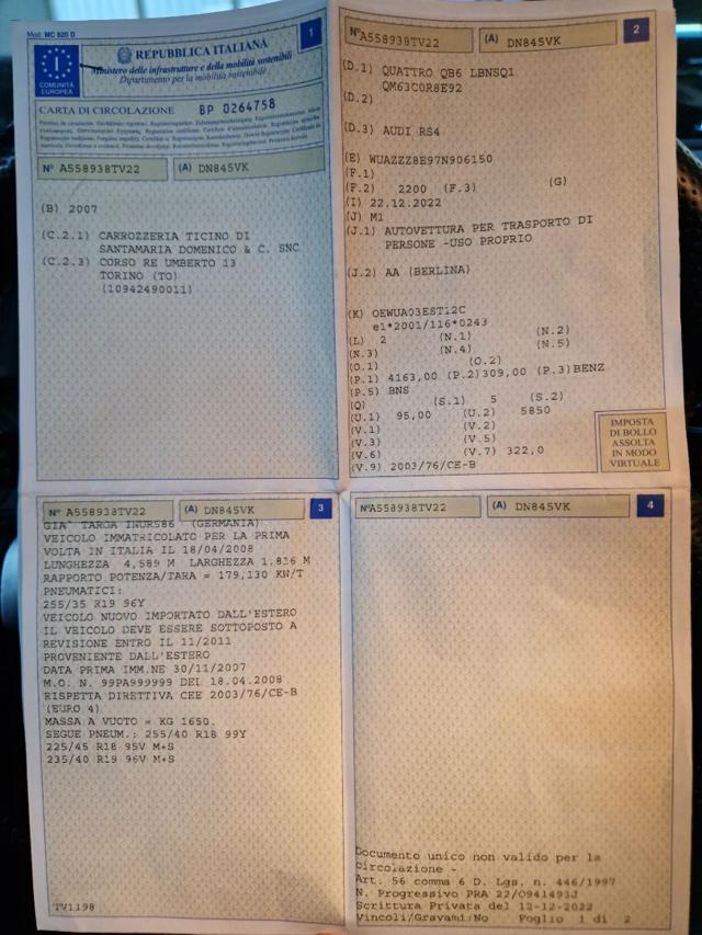 AUDI RS4 4200 V8 CV.420 QUATTRO KM. 26.000- RECARO- UNIPROP