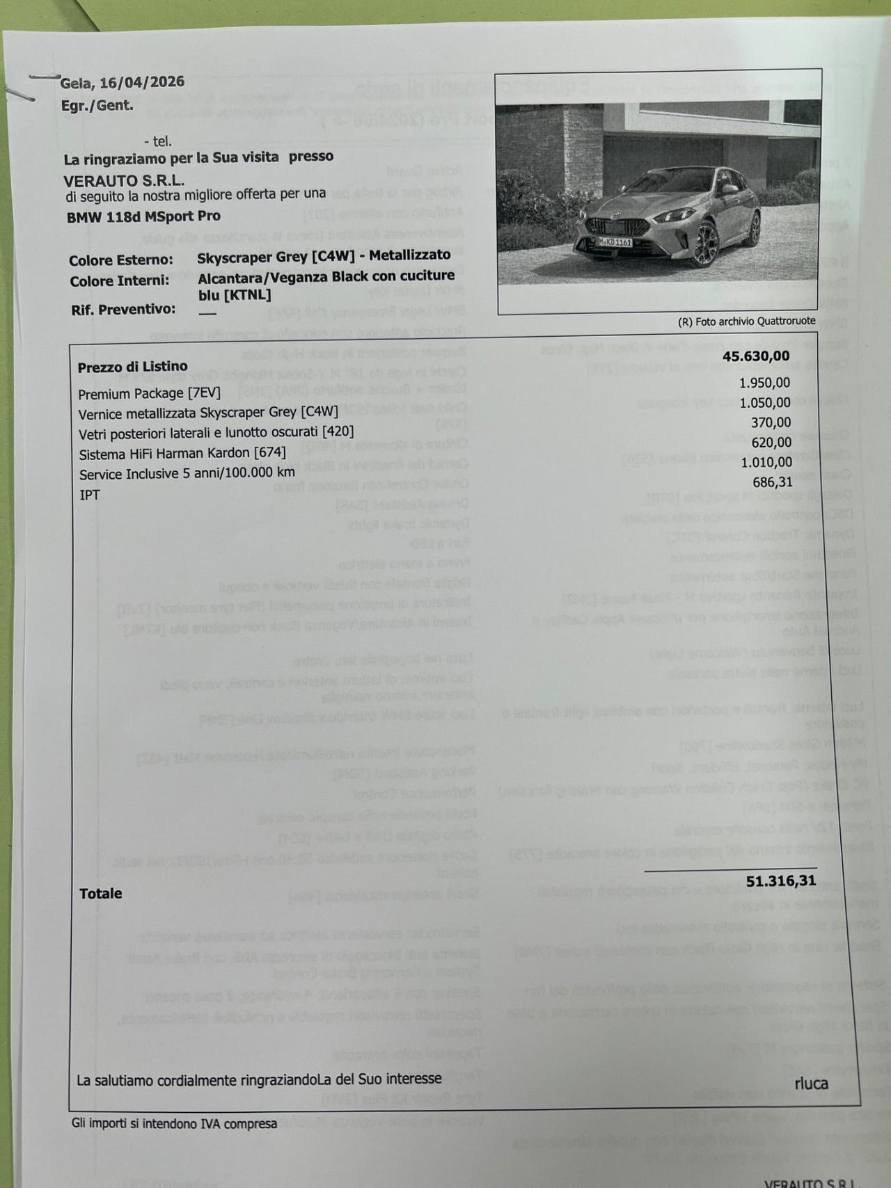 Bmw 118d MSport Pro possibilità noleggio no scoring