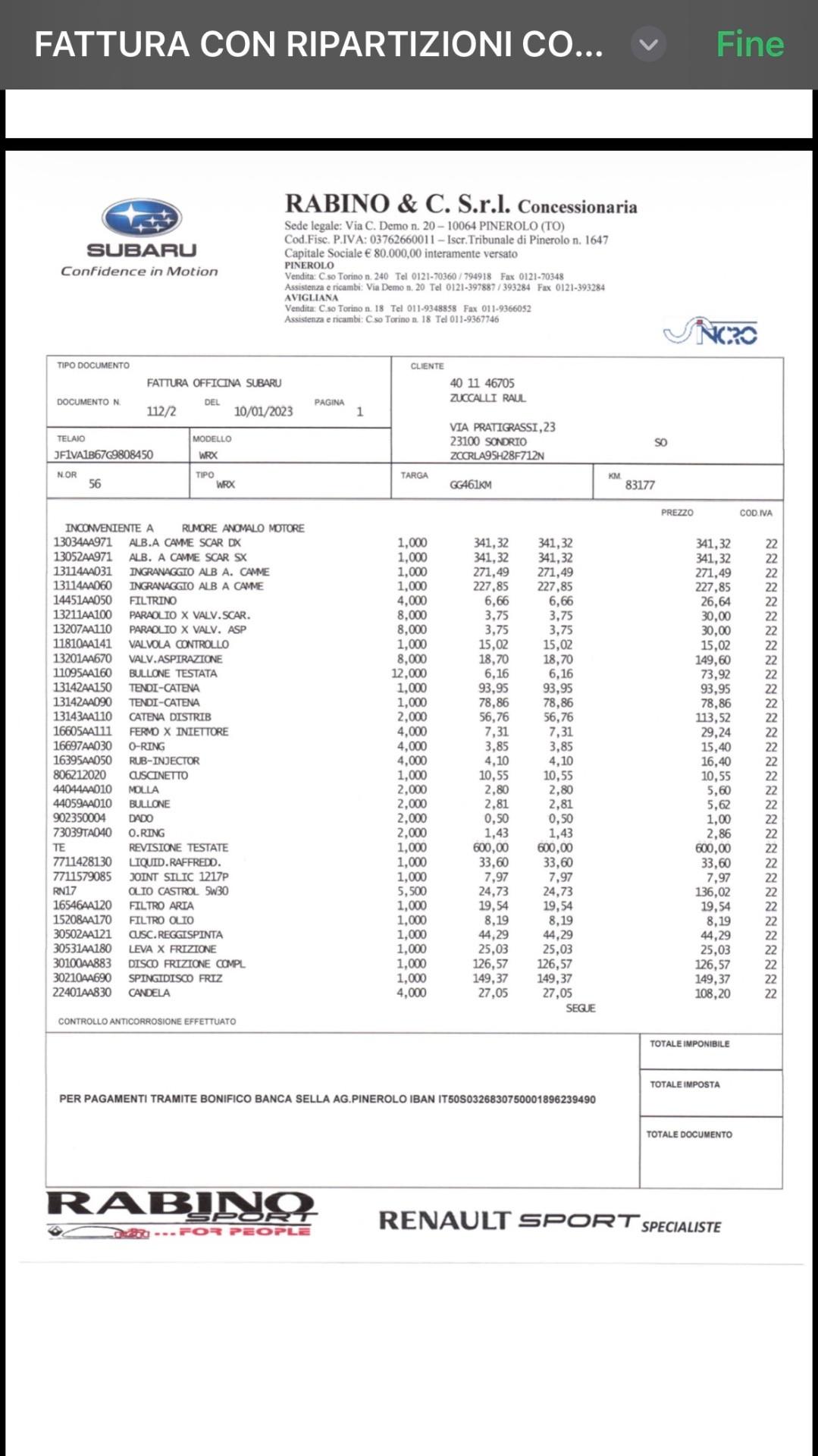 Subaru WRX 2.0 Motore sostituito