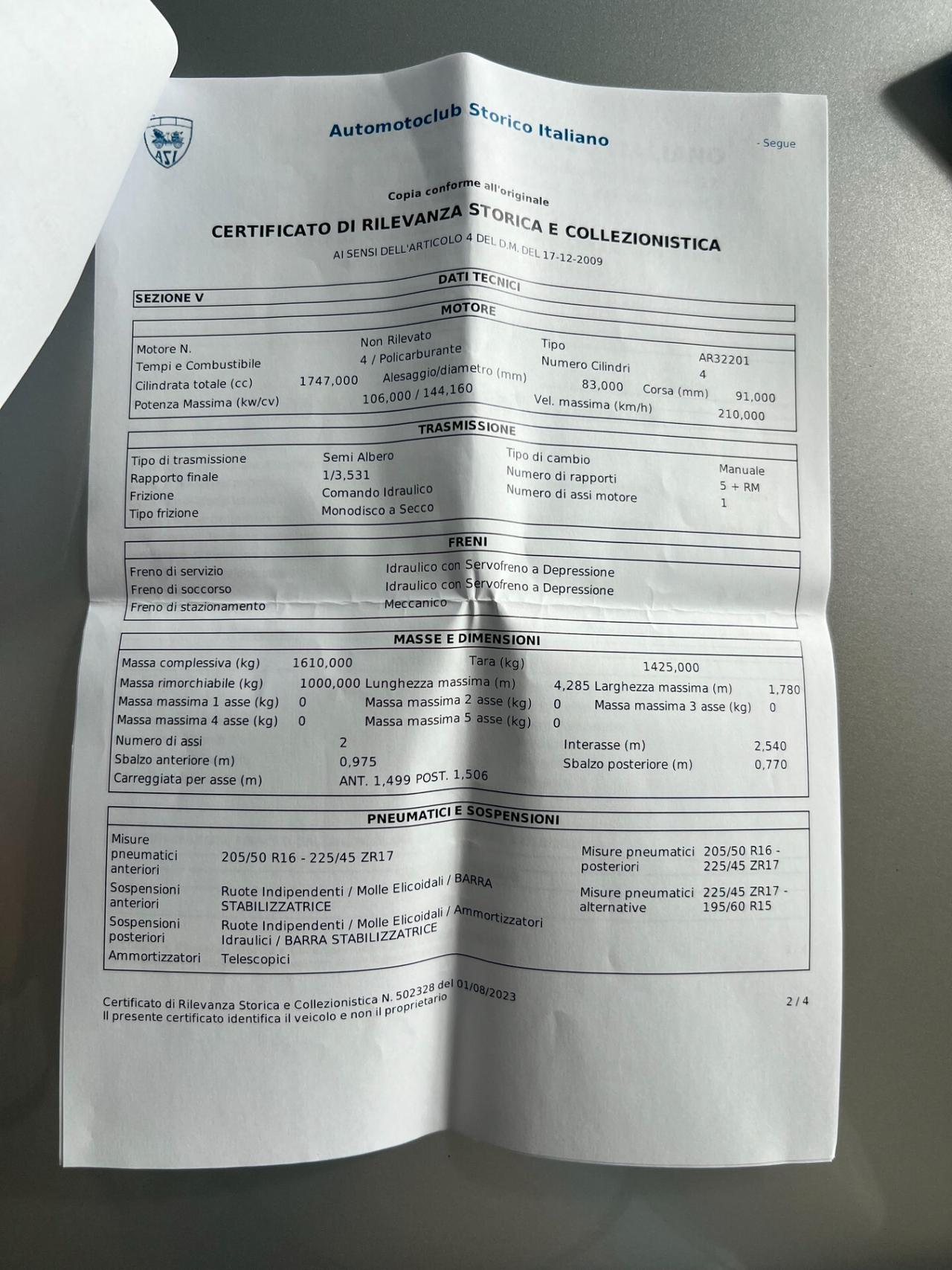 Alfa Romeo GTV Spider 1.8i 16V Twin Spark con certificato di rilevanza storica