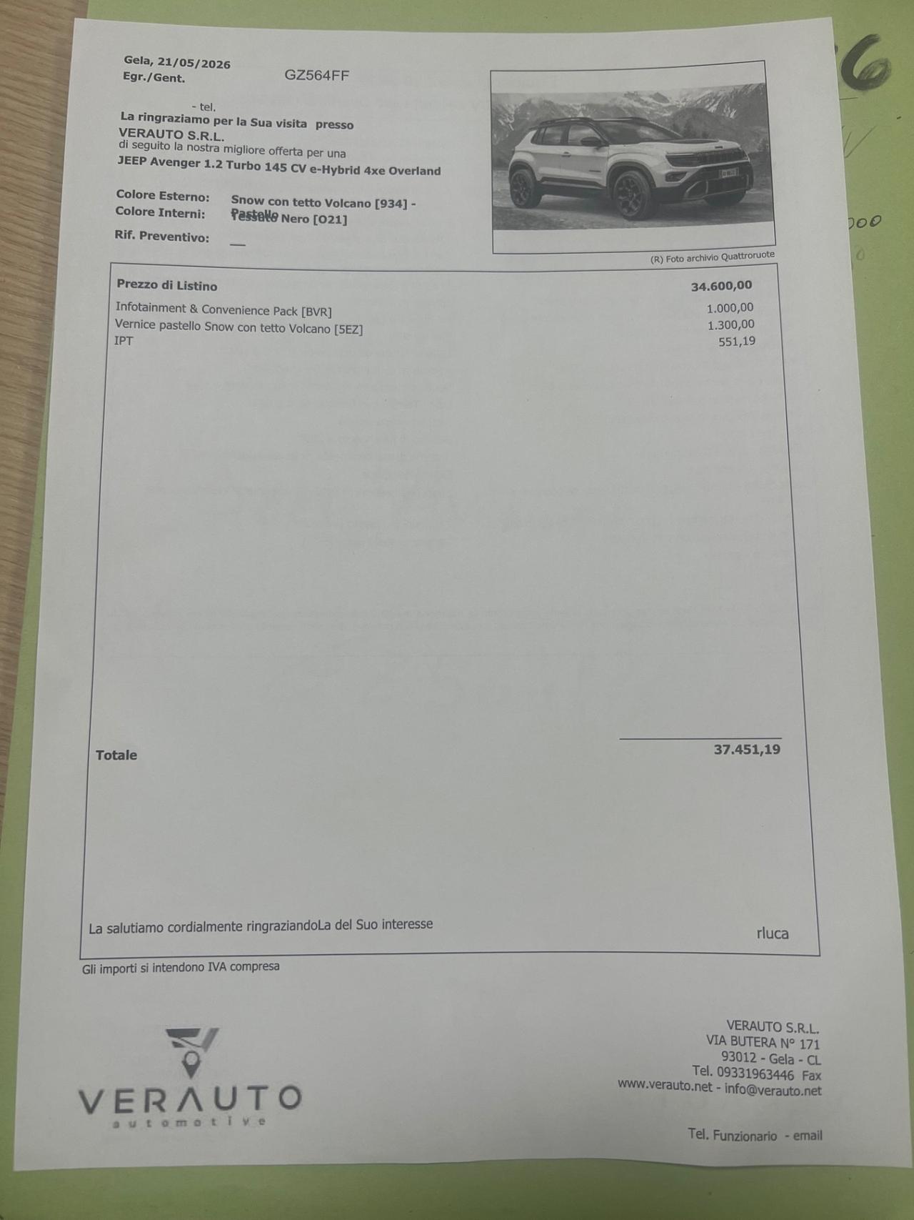 Jeep Avenger 1.2 Turbo 145 CV MHEV 4xe Overland - possibiltà noleggio no scoring