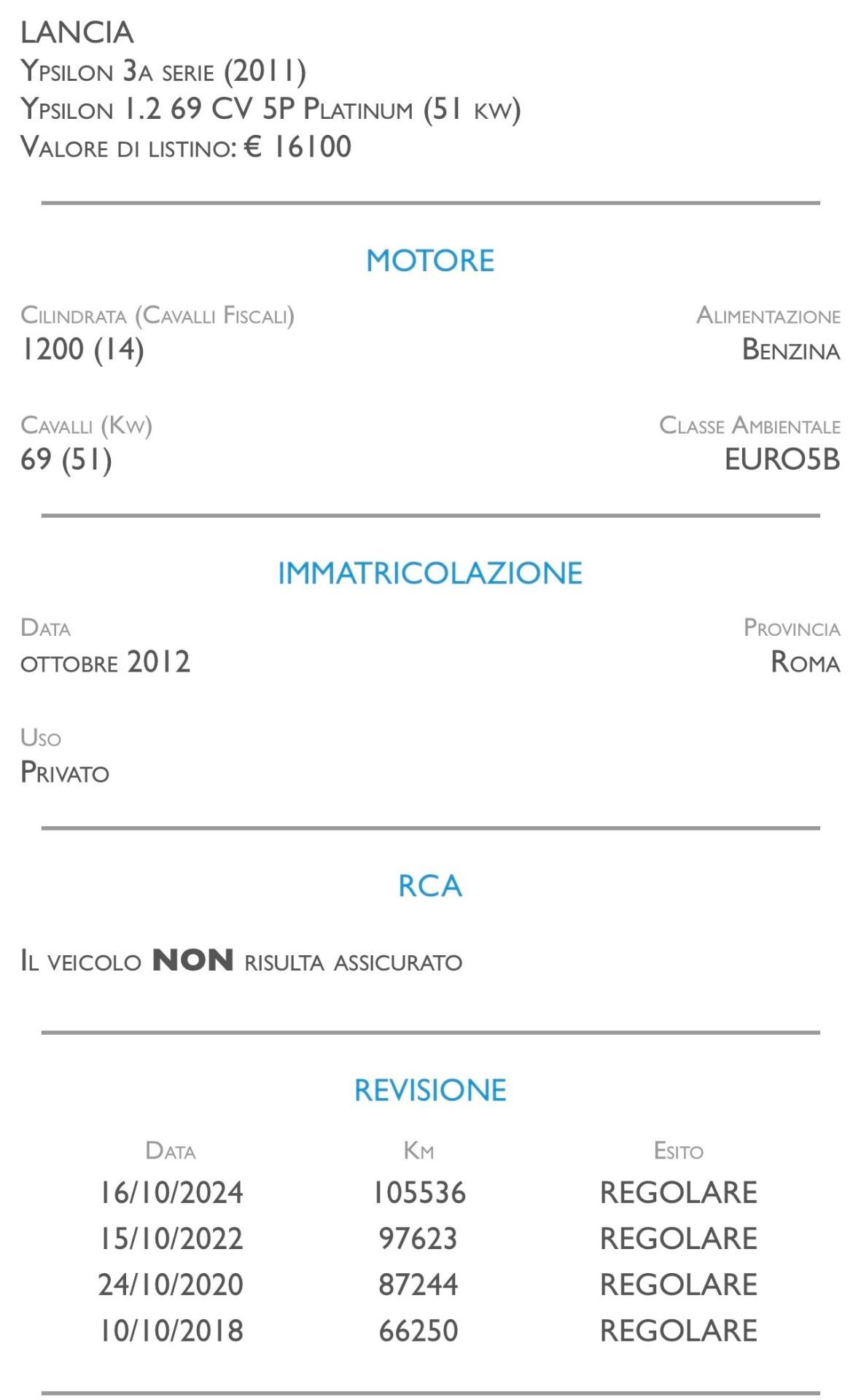 Lancia Ypsilon 1.2 69 CV 5 porte Platinum - UNICO PROPRIETARIO