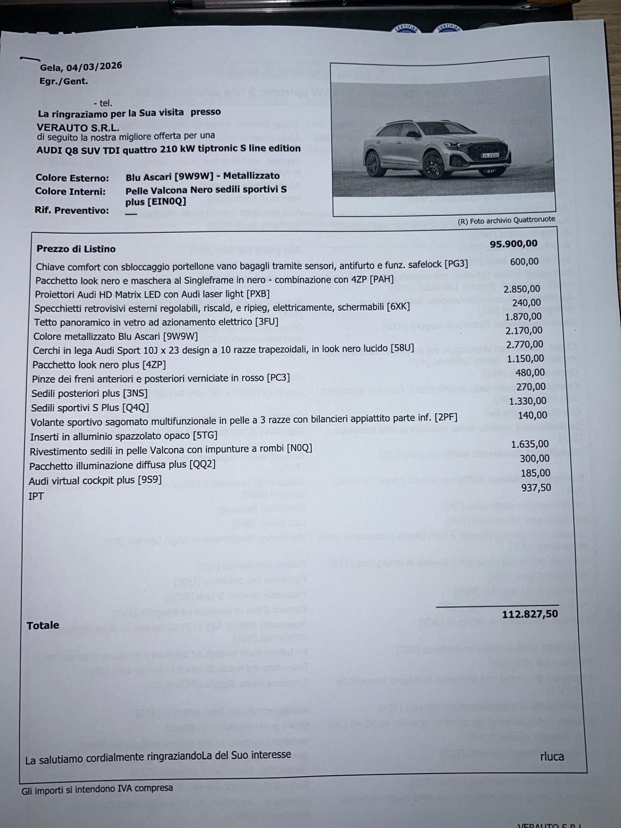 Audi Q8 SUV TDI quattro 210 kW tiptronic S line edition Possibilità noleggio no scoring