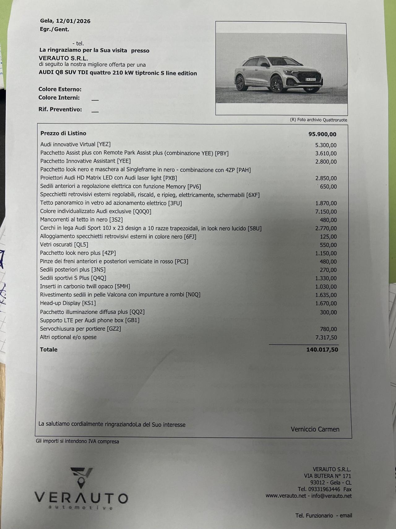 Audi Q8 Competition possibilità noleggio no scoring