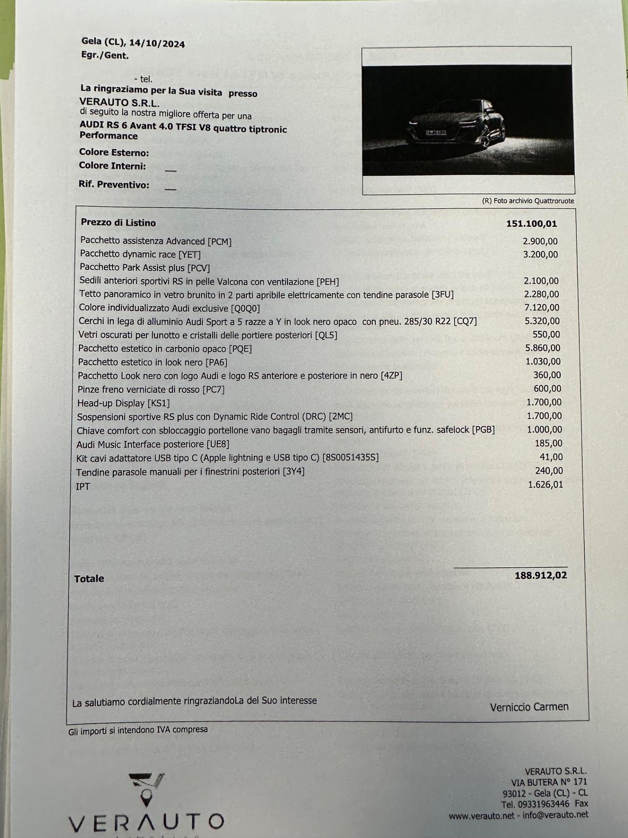 Audi RS6 4.0 performance possibilità noleggio no scoring