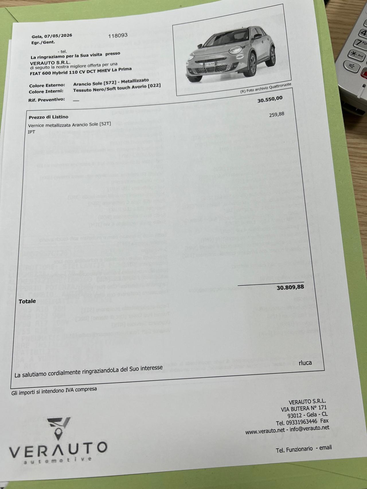 Fiat 600 Hybrid 110 CV DCT MHEV La Prima - possibilità noleggio no scoring