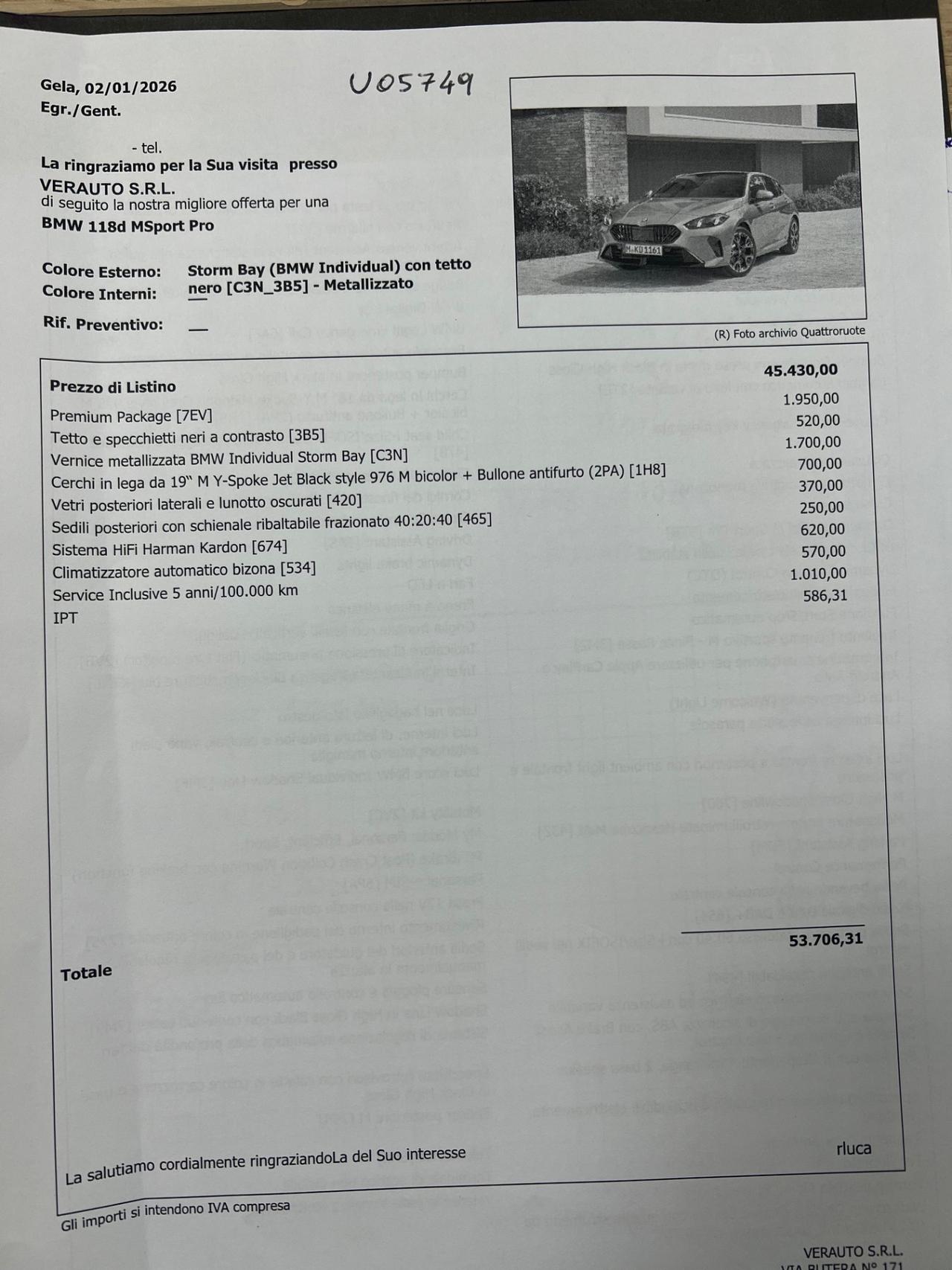 Bmw 118d MSport Pro possibilità noleggio no scoring