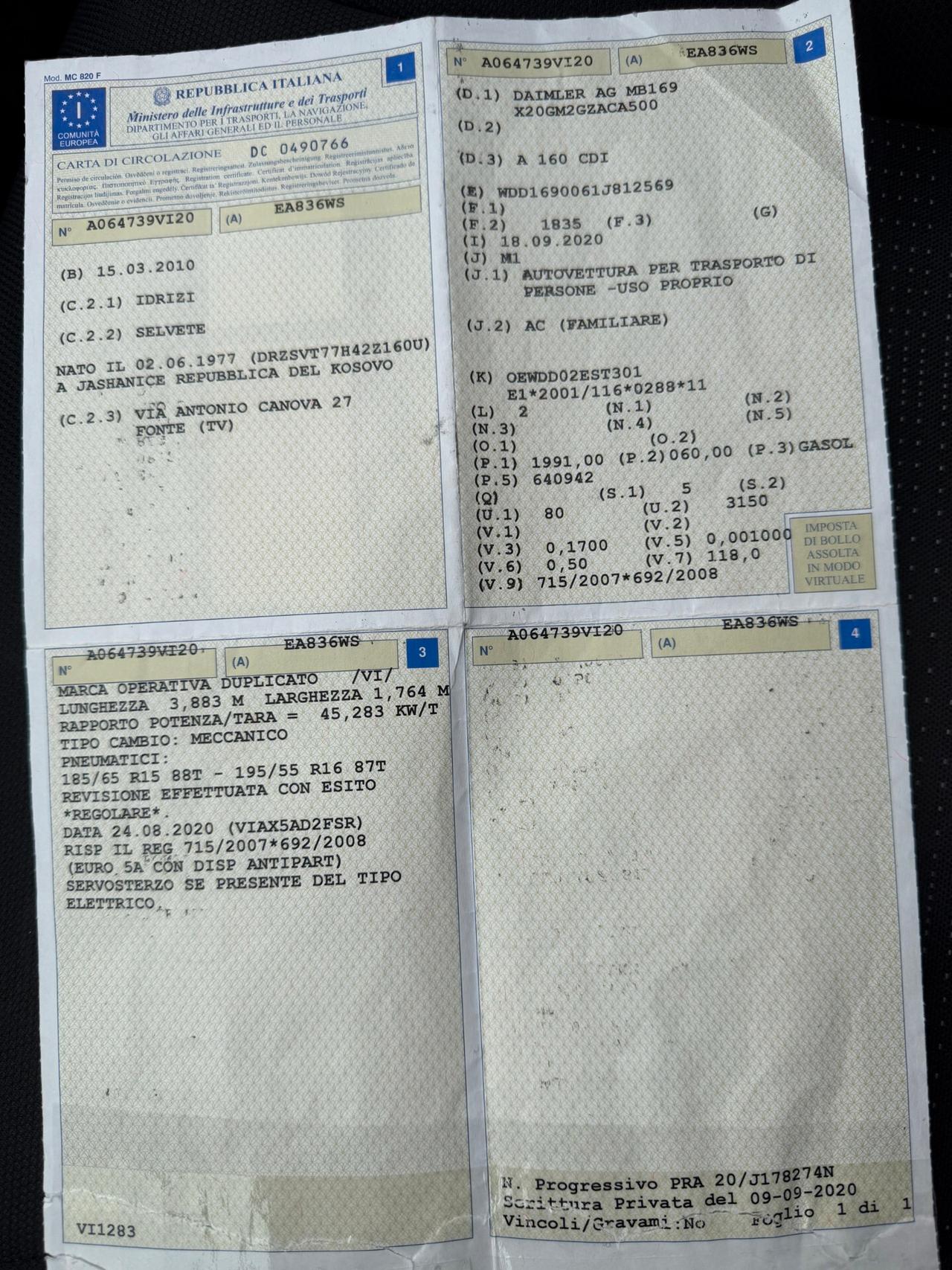 Mercedes A160 CDI OK NEOPATENTATI