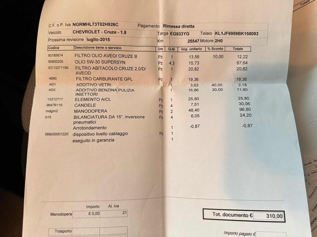 CHEVROLET Cruze 1.8 4 porte LS GPL VALIDO FINO AL LUGLIO 2031