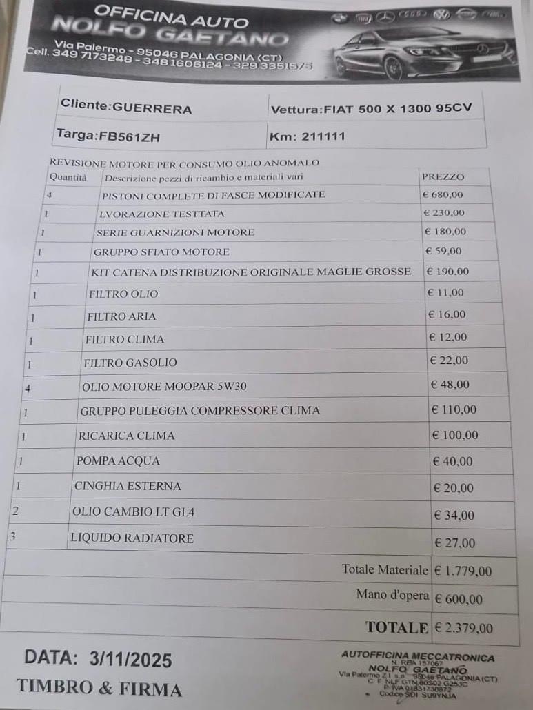 Fiat 500X 1.3 MultiJet 95 CV Motore Nuovo Km Certif